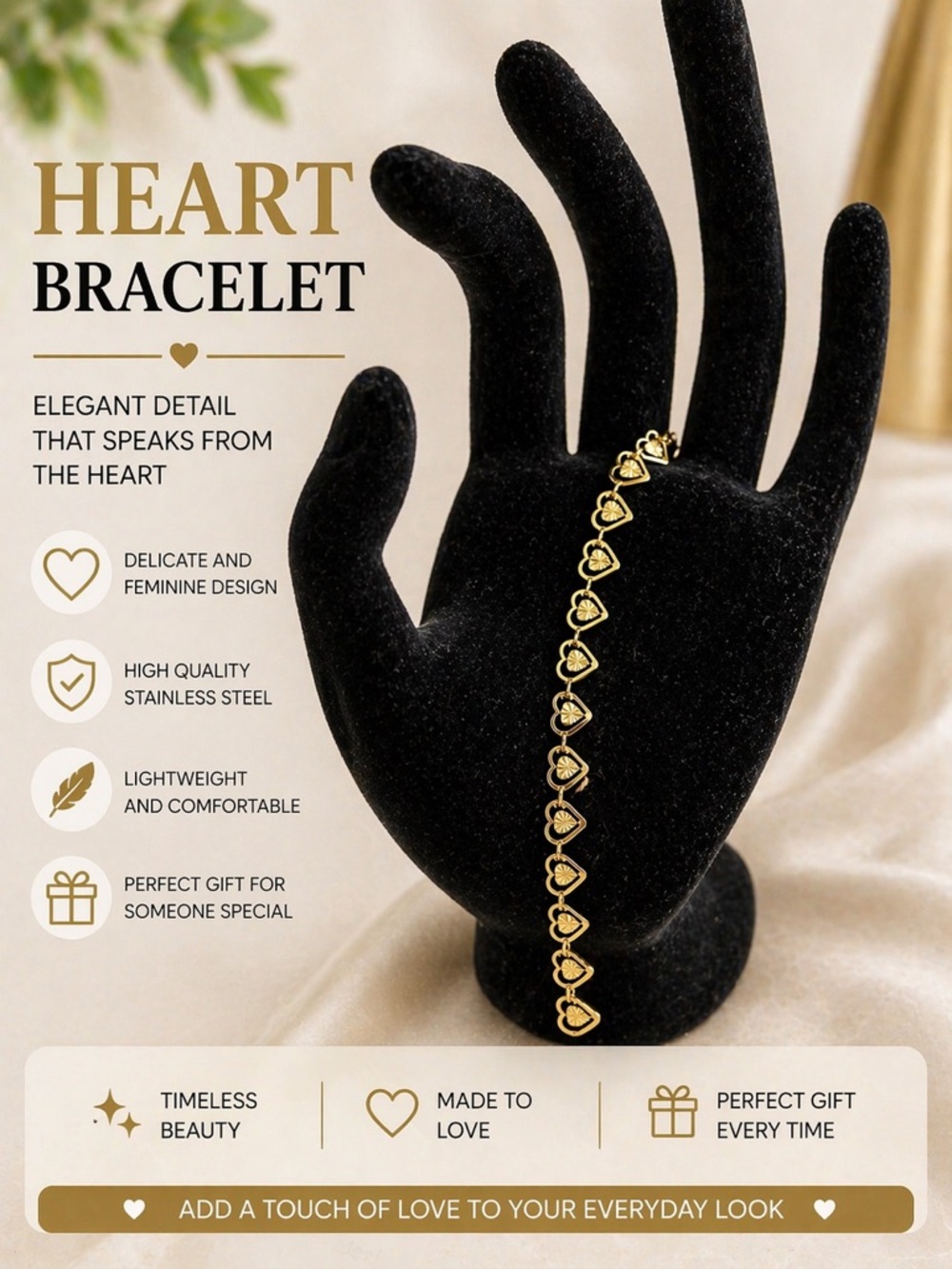 Gold Heart Link Bracelet - Elegant Women's Jewelry